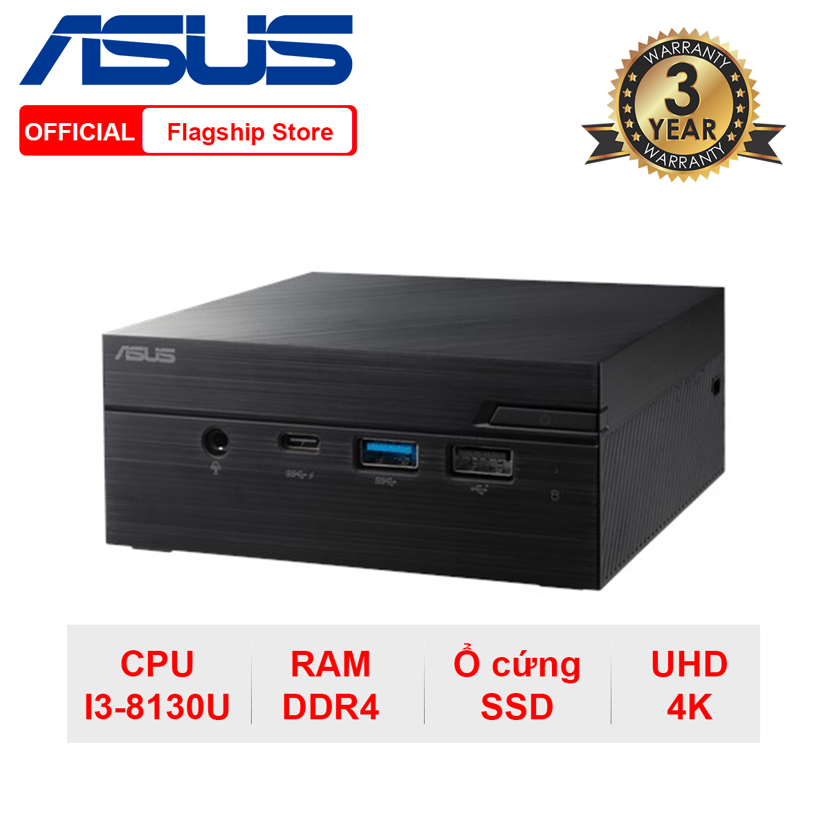 Máy tính siêu nhỏ MiniPC Asus PN60 chip Intel core i3-8130u//RAM+SSD tùy chọn/4K UHD support/Wi-Fi + Bluetooth/ USB 3.1 Gen 1 Type-C - Chính hãng