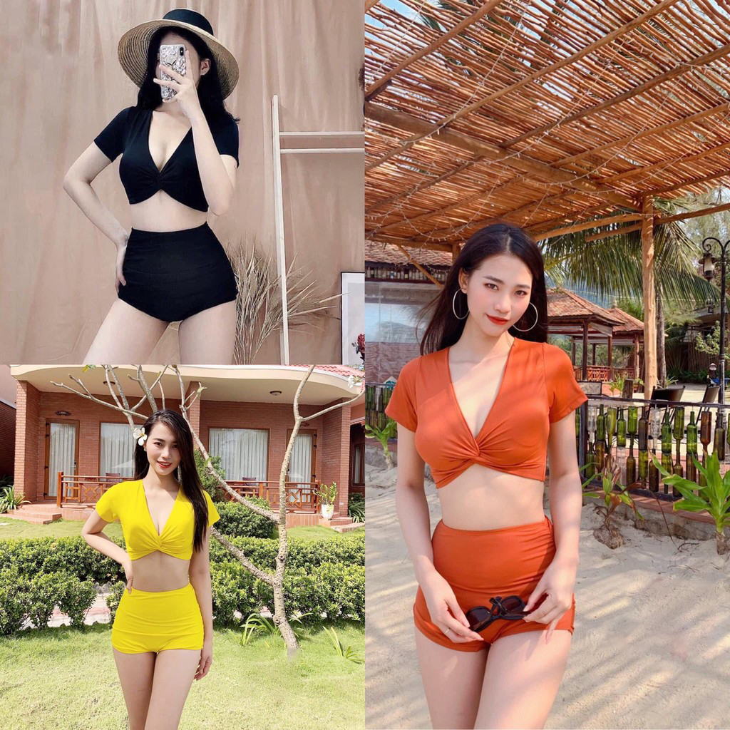Bikini đồ bơi nữ 2 mảnh cạp cao xoắn ngực tay ngắn tặng kèm mút ngực tôn dáng gợi cảm sang chảnh đi biển thun lạnh co dãn 4 chiều | QP001