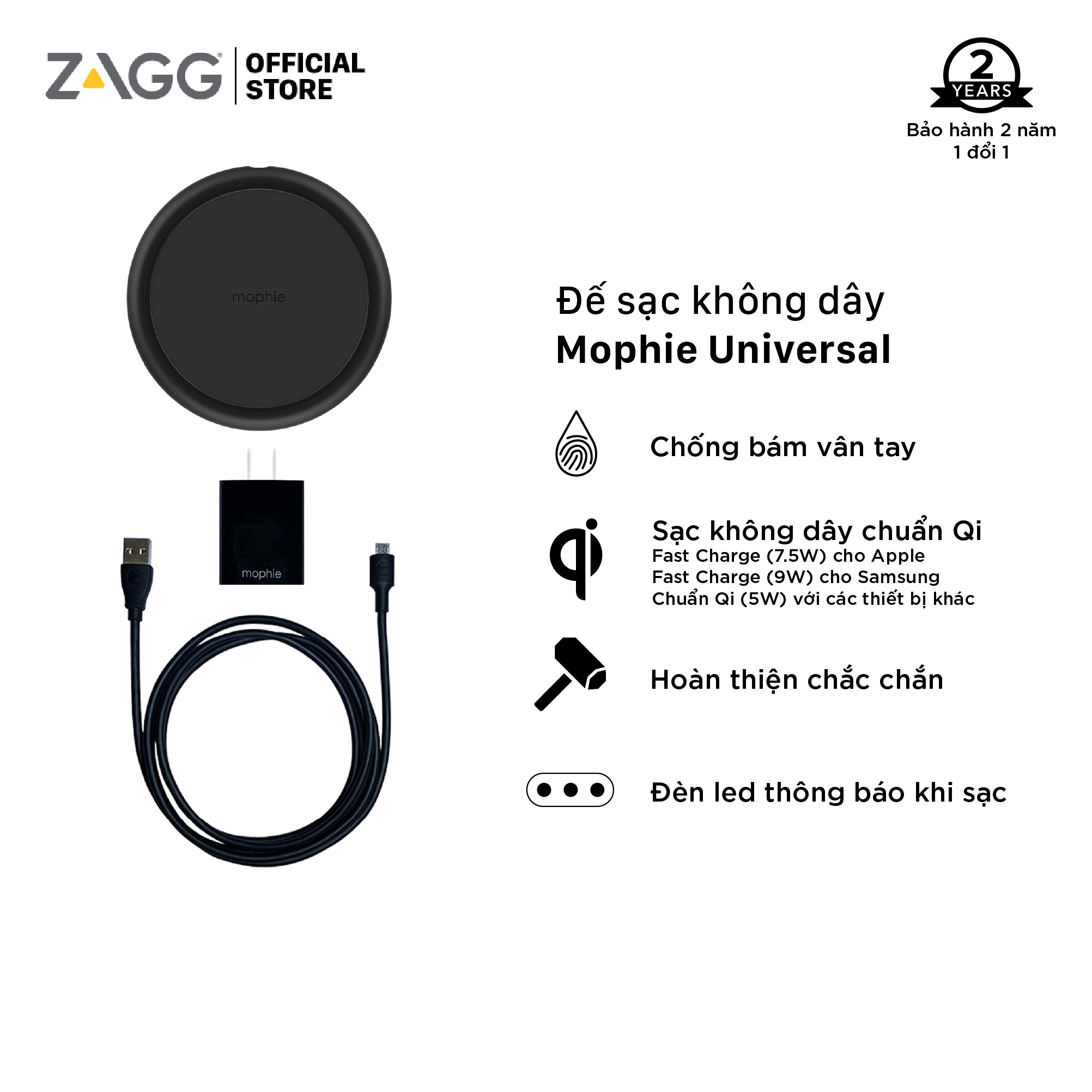 Đế sạc không dây Mophie Universal - thiết kế nhỏ gọn, sang trọng - dùng được cho iPhone/Airpod/các thiết bị hỗ trợ Qi