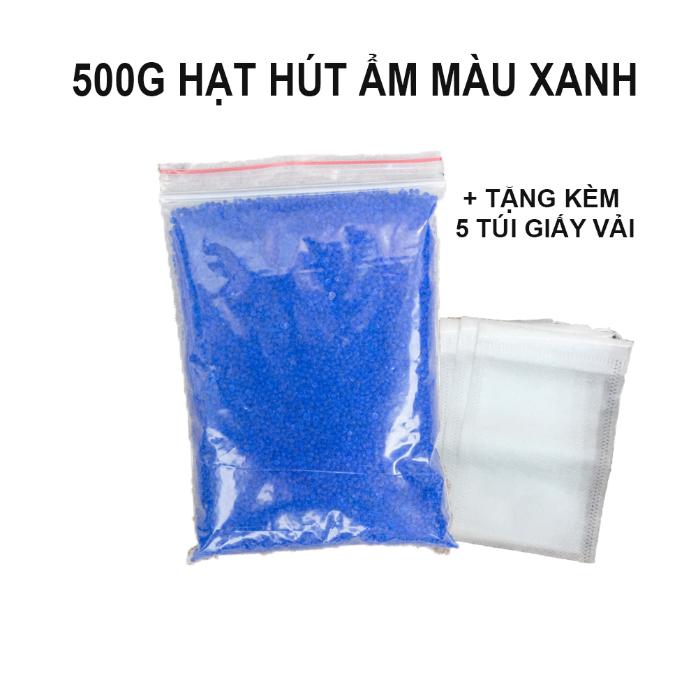 Gói 500g hạt chống ẩm hạt hút ẩm màu xanh cho máy ảnh tặng kèm 5 túi giấy vải đựng hạt