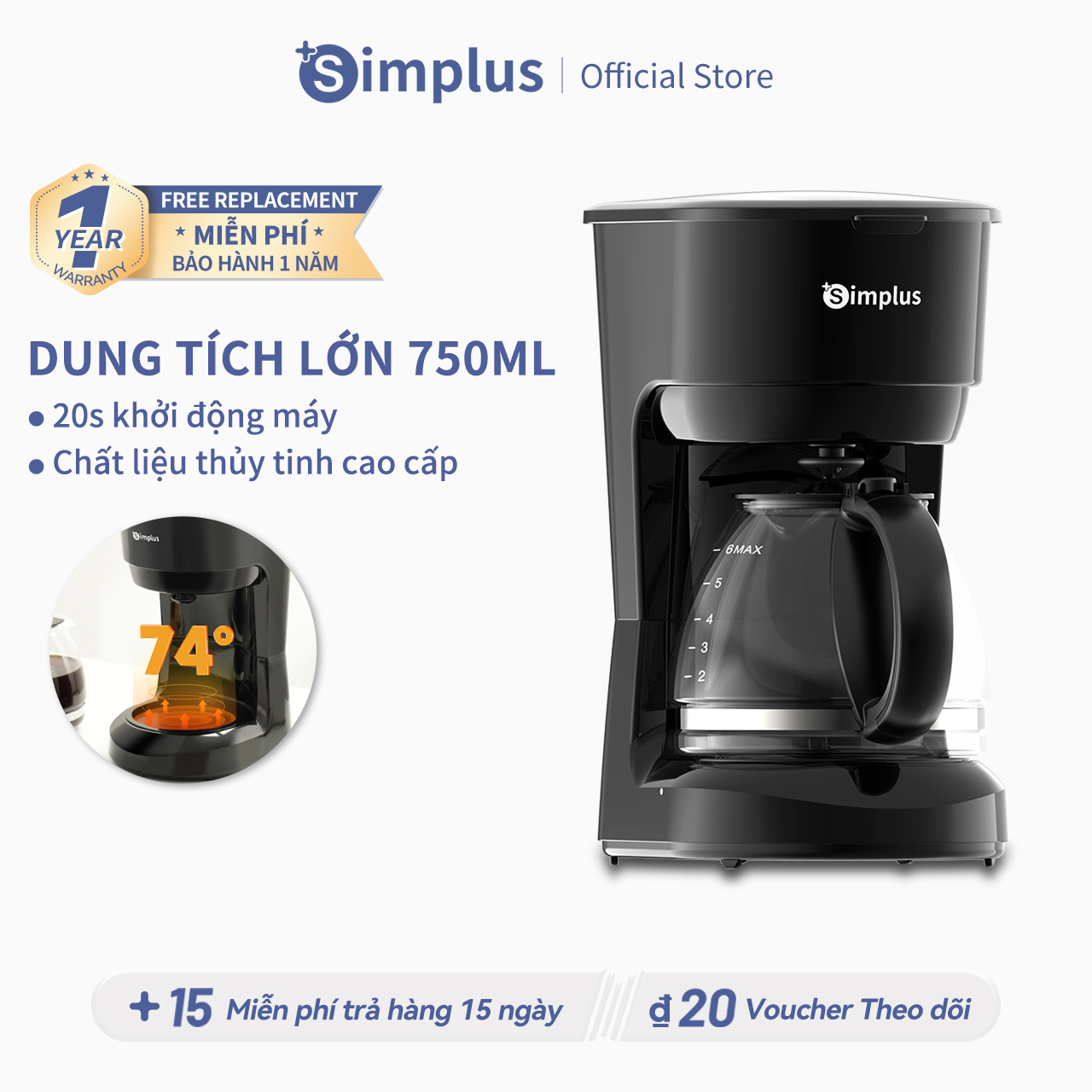 Simplus Máy pha cà phê Máy pha cà phê lọc gia đình Dung tích lớn 750ml Pha trà pha cà phê tiện dụng KFJH011