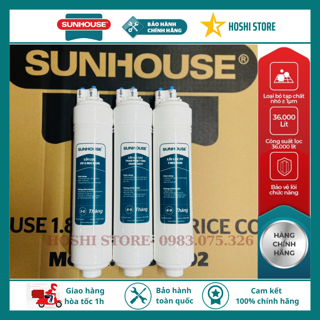 [CHÍNH HÃNG SUNHOUSE] Bộ lõi lọc đúc liền nối nhanh. Lõi lọc nước nối nhanh số 123 Sunhouse dùng cho máy nóng lạnh