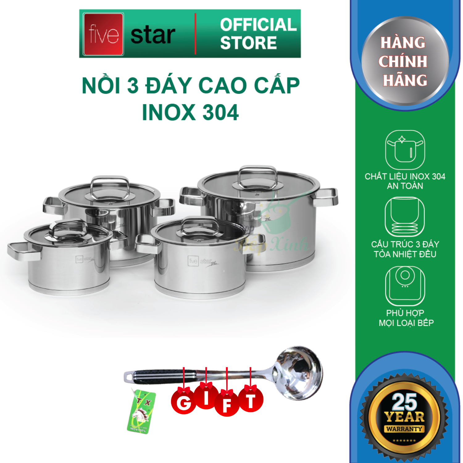 Bộ nồi inox 304 cao cấp FiveStar Plus 4 món nắp kính , tặng 1 vá canh , 3 đáy dùng được bếp từ , gas , hồng ngoai
