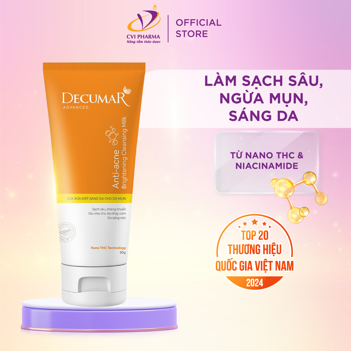 Sữa rửa mặt dạng Gel sáng hồng sạch sâu chuyên cho da mụn thâm viêm Decumar Advanced THC White 50gr hoàn toàn mới