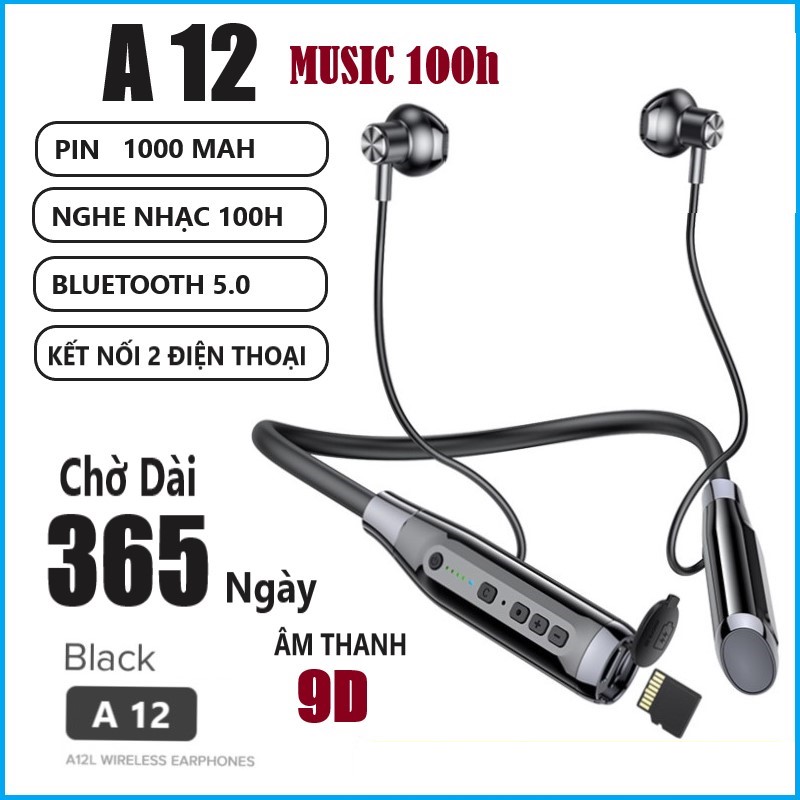 Phiên bản cao cấp Tai Nghe bluetooth A12 Nghe nhạc 100h, Âm thanh Vòm 9D pin 1000 mAh. Bluetooth 5.0 kết nối 2 điện thoại Tai nghe Bluetooth không dây  thể thao, chơi Game thế mới