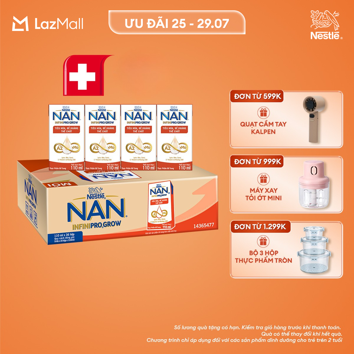 [CHỈ 25-29.07 QT ĐƠN 599K/999K/1299K]Thùng 36 hộp sữa pha sẵn Nestle NAN INFINIPRO GROW với công thức vượt trội kết hợp sữa A2 và HMO hỗ trợ tiêu hóa, đề kháng và phát triển thể chất (4x110ml)