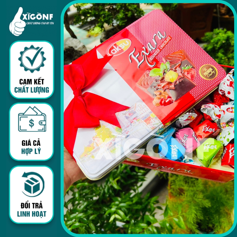 Kẹo socola thập cẩm aksu Exara Thổ Nhĩ Kỳ , hộp thiếc 200gram XIGONF món quà tết biếu, tặng sang trọng .