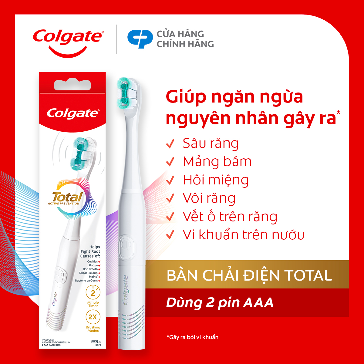 Bàn chải điện Colgate Total dùng pin, công nghệ tạo bọt nhanh, ngăn ngừa 6 vấn đề răng miệng phổ biến