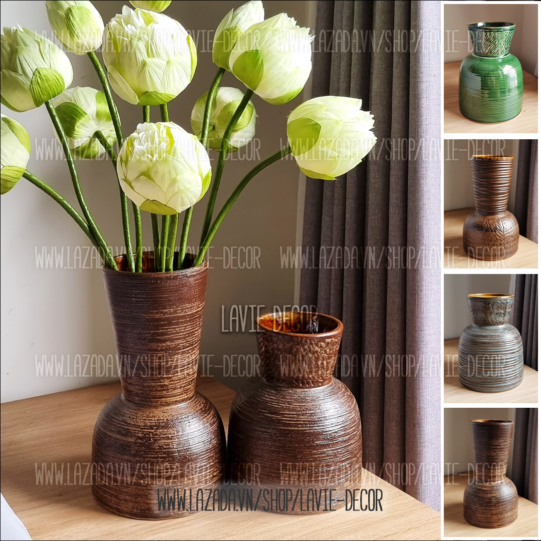 Lọ hoa gốm sứ men hoả biến và men mộc dáng đầm 2 cỡ - Bình hoa dáng đầm