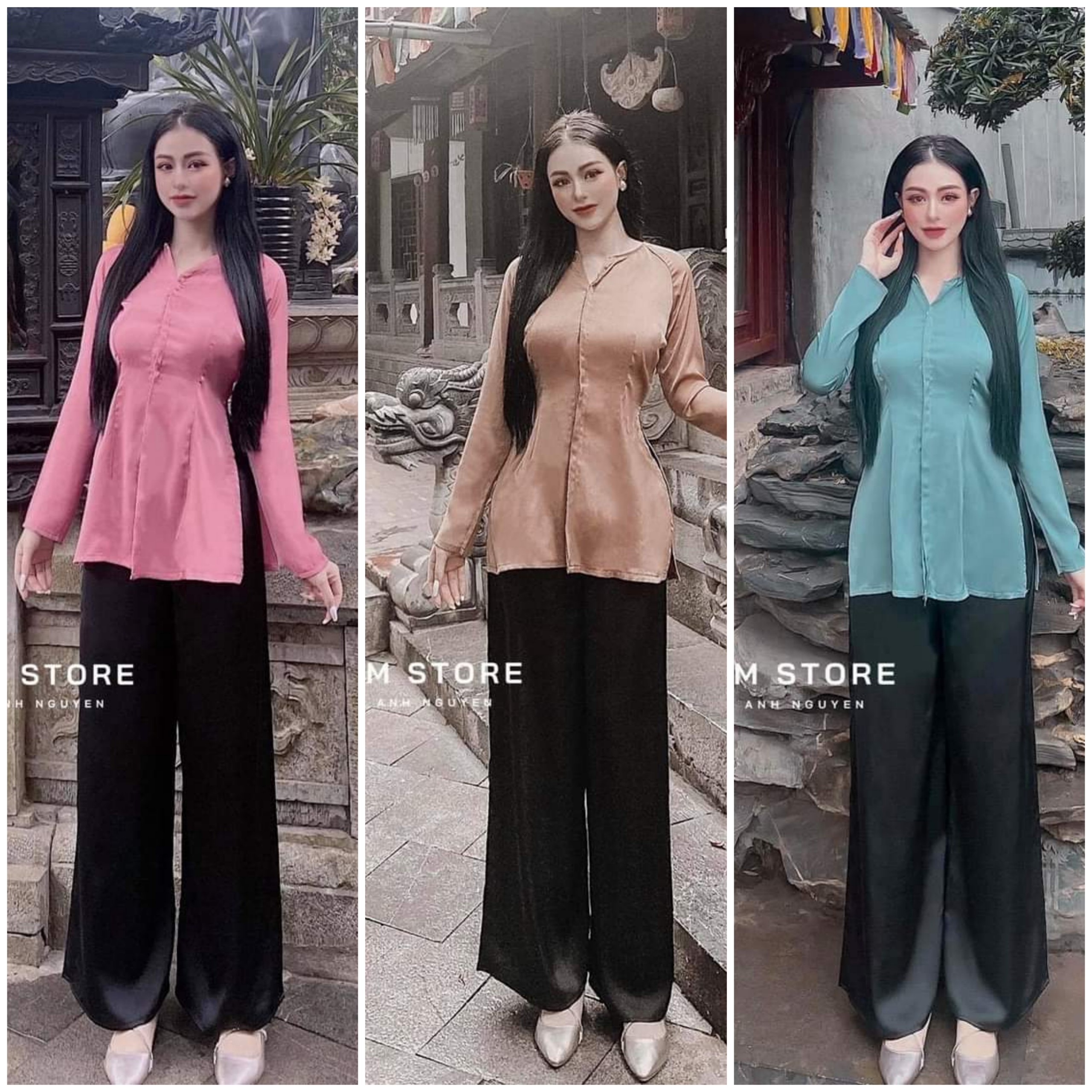 Set bộ bà ba đi chùa- đi chơi tay dài chất lụa satin cao cấp d15