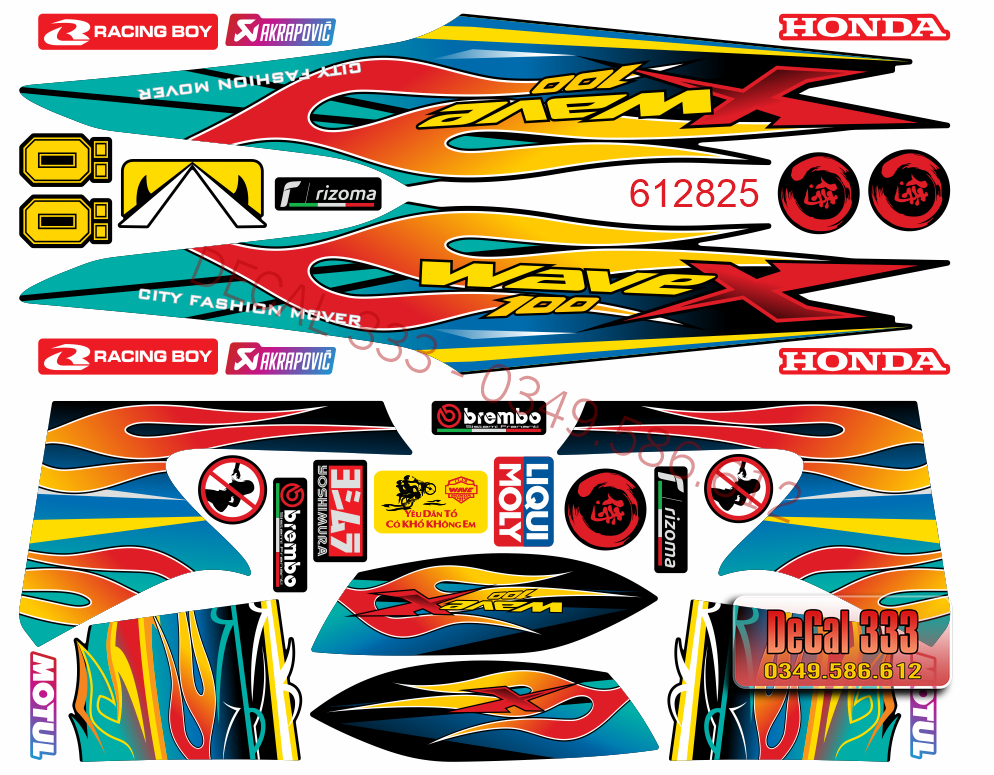 Tem Rời WAVE ALPHA 100 LỬA XANH LỤC ĐỎ VÀNG GP 612825 (Tem chế 3 lớp cao cấp)