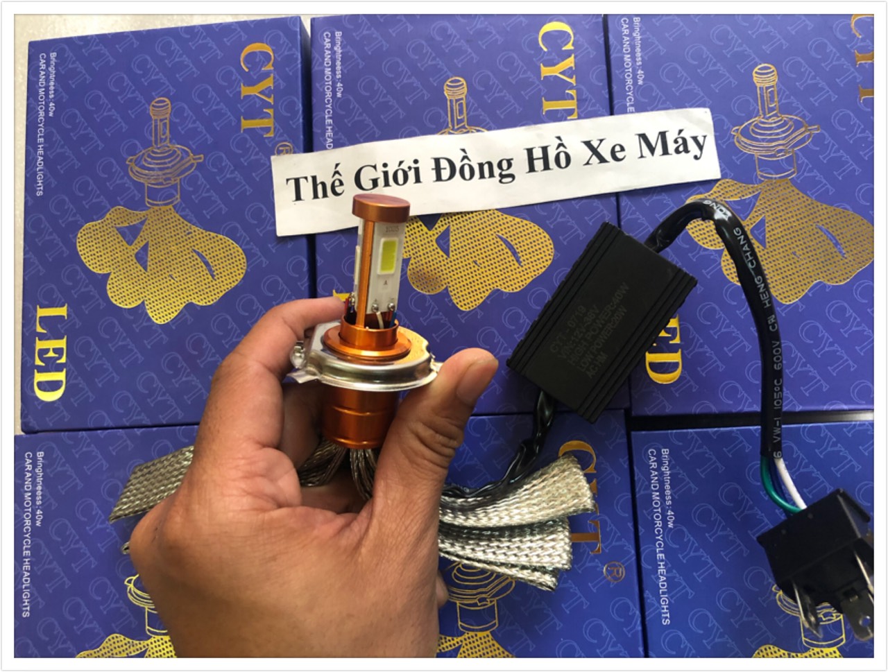 đèn pha led cyt xịn - chân H4 -3 Tim hộp tím AC-DC