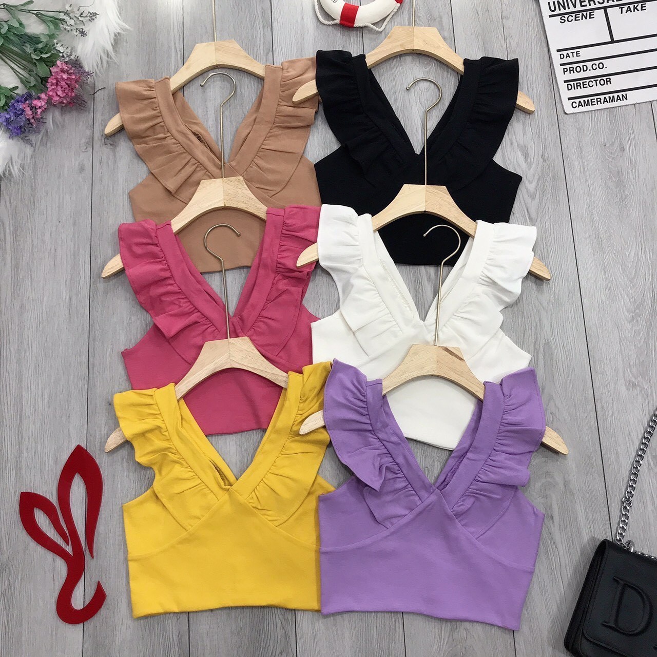 Áo Kiểu Croptop Tay Cánh Tiên, Áo Borip Tay Bèo, Áo Cổ V Tay Phối Bèo AK16
