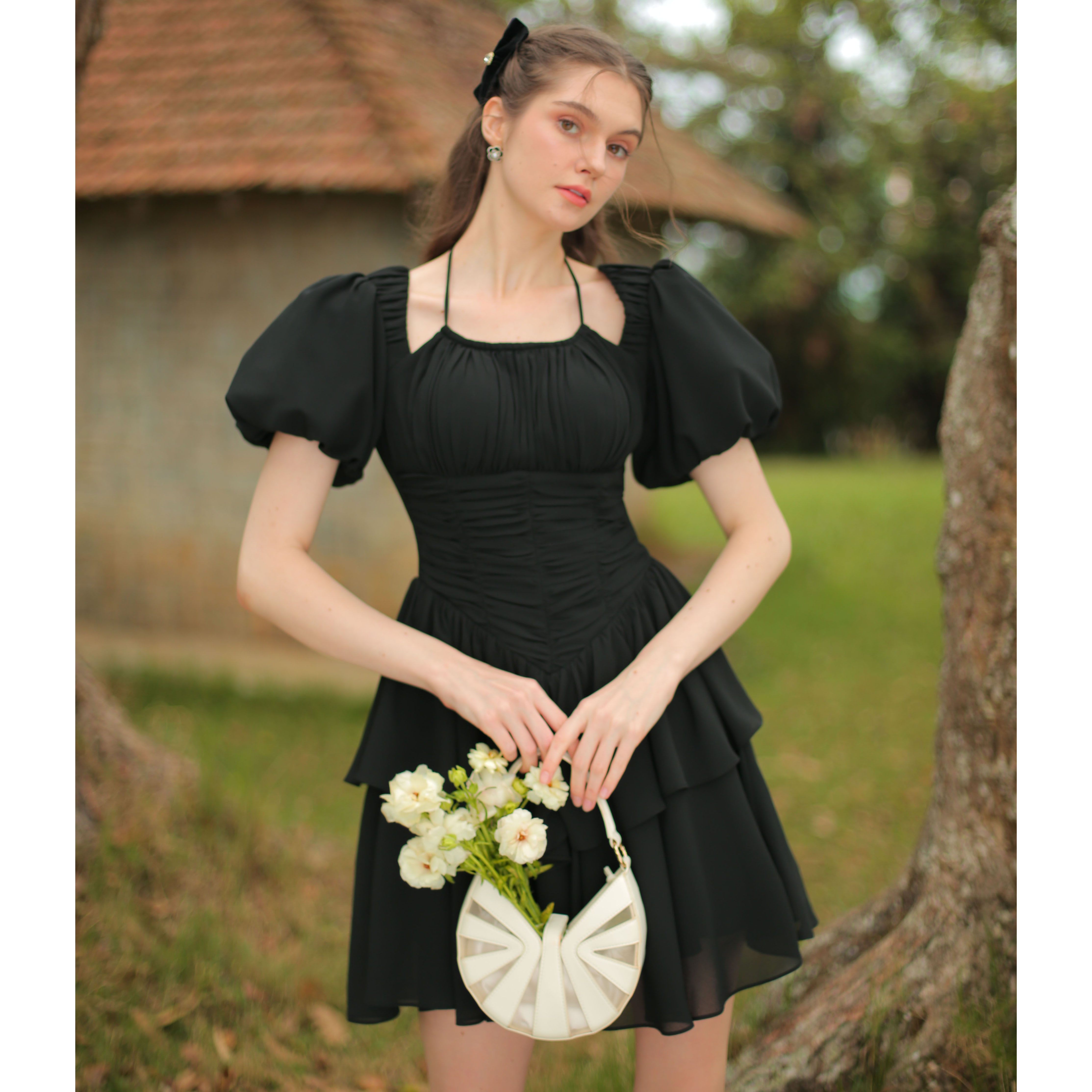 Sò vintage - lavie đầm tay phồng cột dây cổ