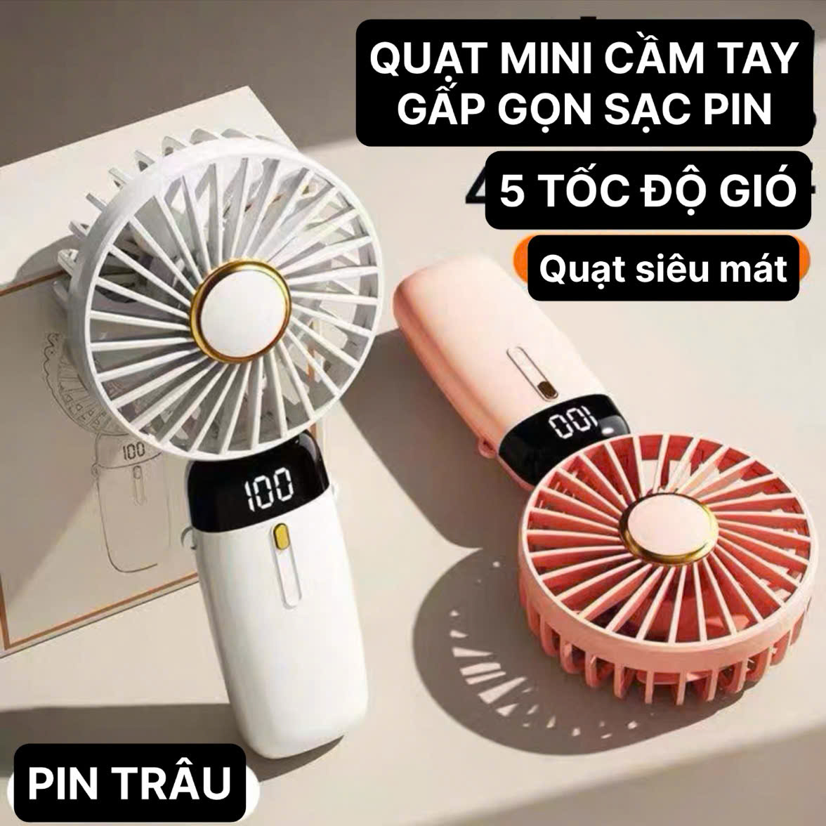 QUẠT SẠC TÍCH ĐIỆN 5 TỐC ĐỘ GIÓ SIÊU MÁT THIẾT KẾ GỌN NHẸ TÍCH HỢP GIÁ ĐỠ ĐIỆN THOẠI TIỆN LỢI - QUẠT MINI CẦM TAY GẤP GỌN PIN TRÂU SẠC 1 GIỜ DÙNG 6 GIỜ