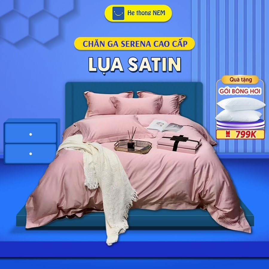Bộ chăn ga gối đệm 5 món cao cấp Lụa Satin siêu mát mịn, không nhăn, pastel sang trọng SERENA chính hãng