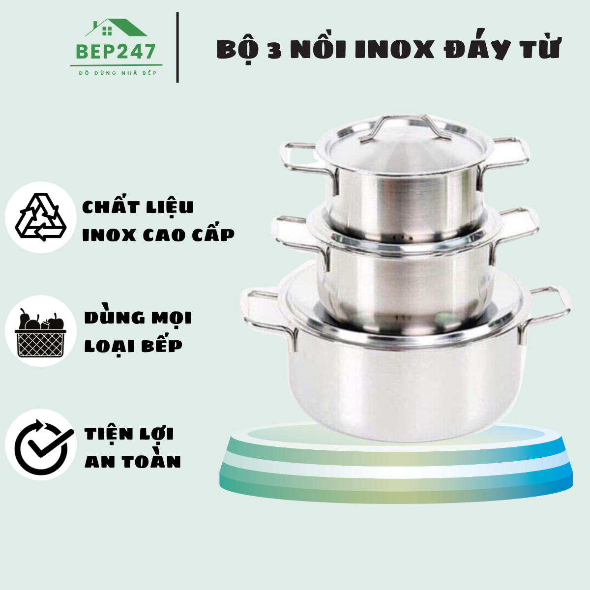 Bộ 3 Nồi Inox - Bộ Nồi Đáy Từ Dùng Cho Mọi Loại Bếp Tiện Lợi