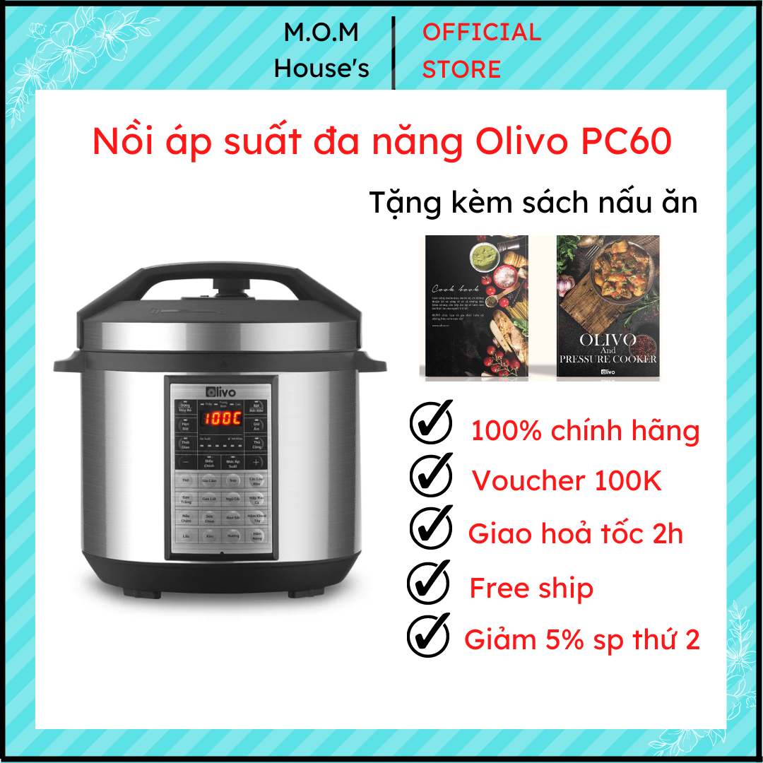 Nồi áp suất olivo pc60 m.o.mhouse's - công suất 1000w - 16 chế độ nấu - nấu nhanh mọi món ăn và có chế độ hẹn giờ đến 24 tiếng - lồng nồi inox 304