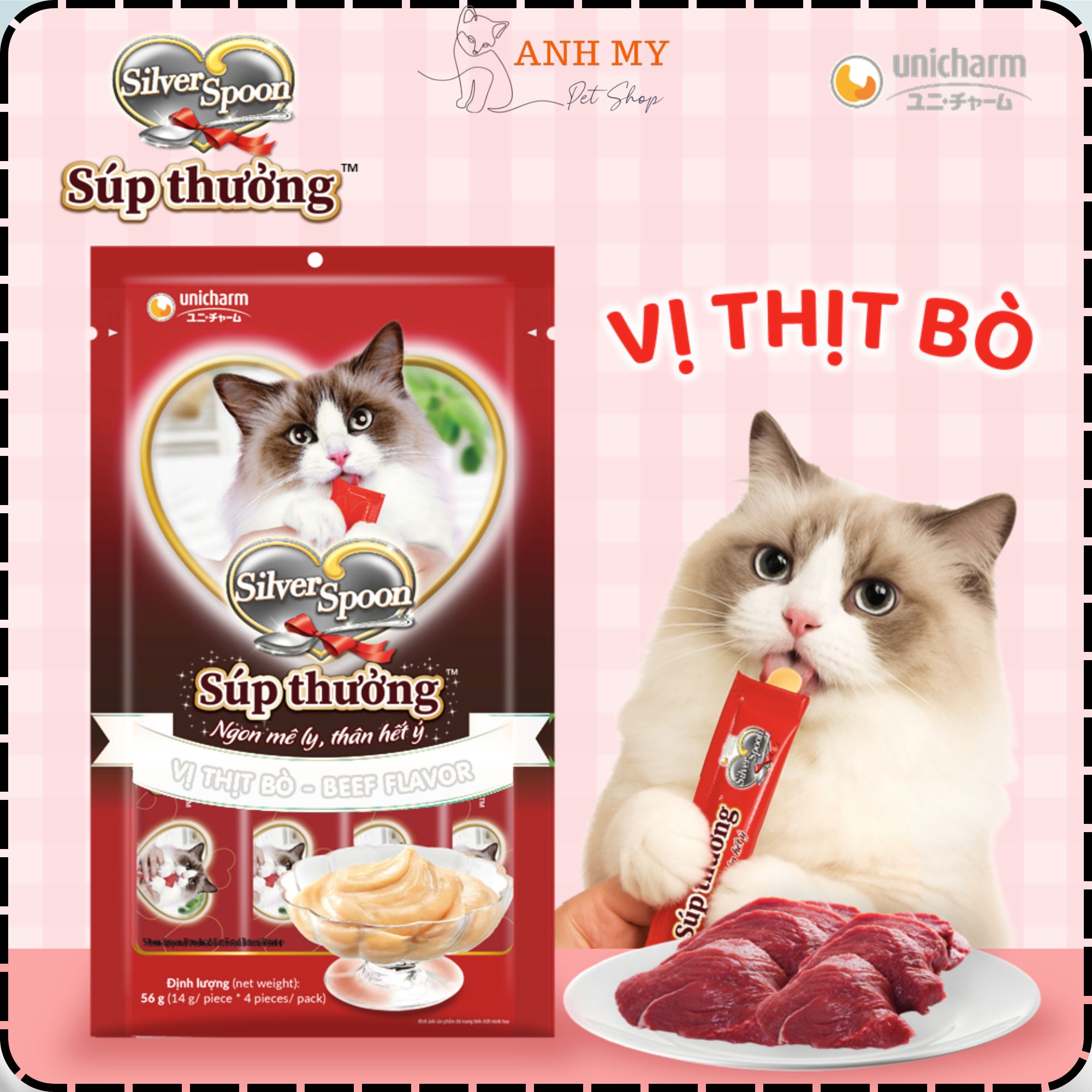 Súp Thưởng Cho Mèo Silver Spoon Thailand dạng thanh 56g, nguyên gói, (4 tuýp) chính hãng