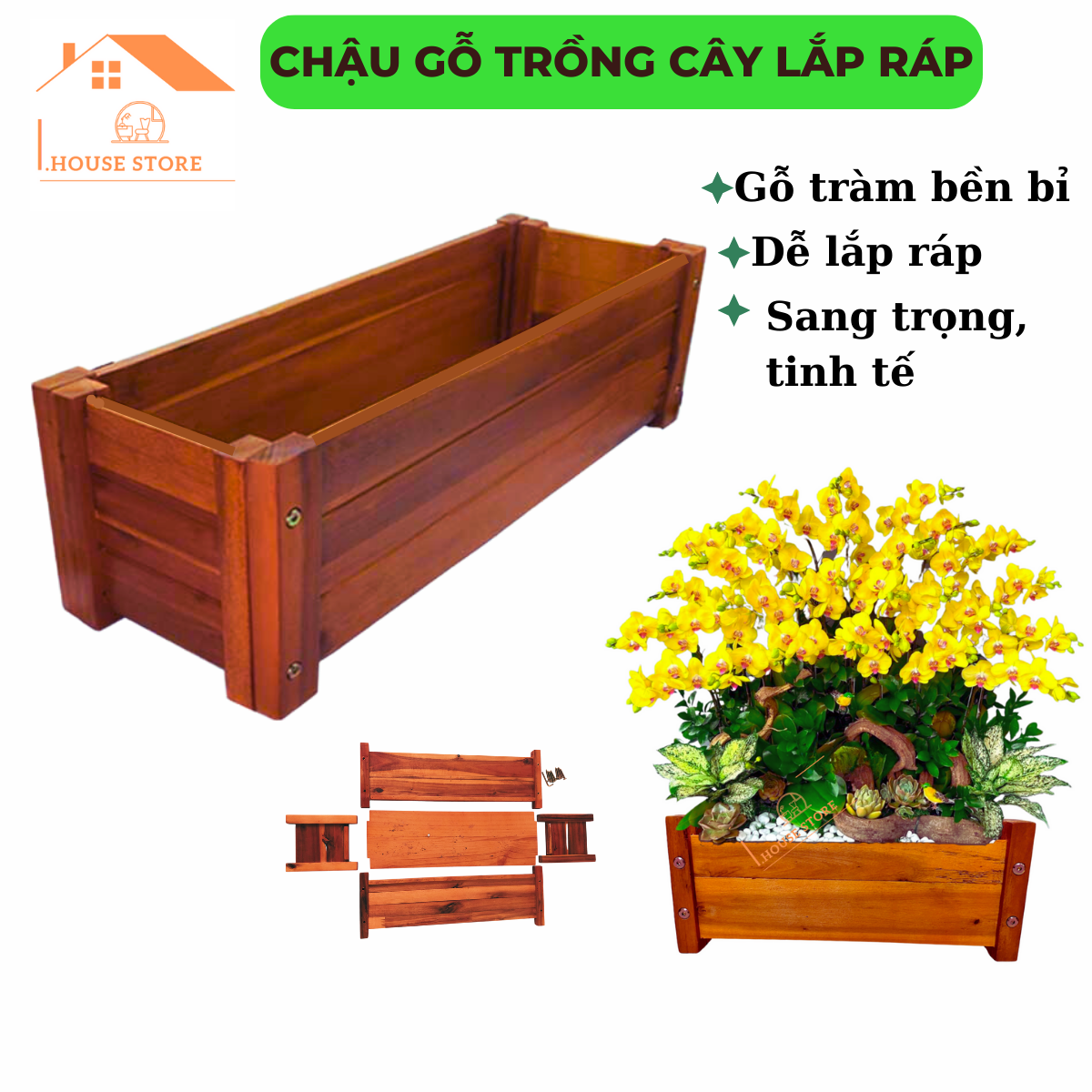 Chậu trồng cây ban công mẫu mới đẹp chất liệu gỗ, chậu gỗ trồng hoa, chậu gỗ decor hình chữ nhật đẹp KT d40xr18xc16 cm- Freeship