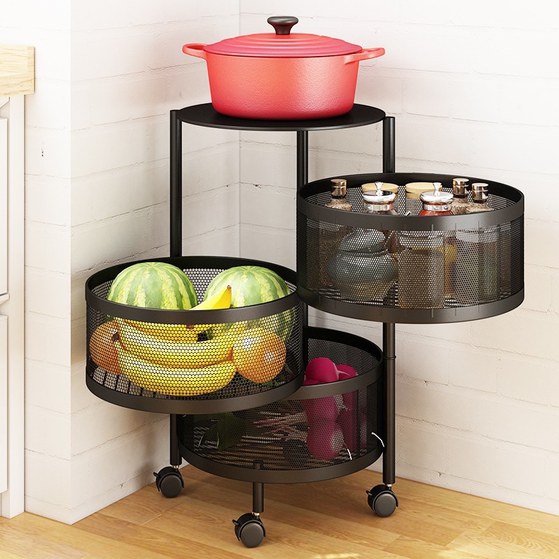 Kệ Tròn Xoay Đựng Rau Củ - Kệ Đựng Hoa Quả - Giá Để Đồ Thông Minh Cao Cấp - Kệ Xoay 3 Tầng - Có Bánh Xe Dễ Dàng Di Chuyển, Chất Liệu Thép Cacbon, Mạ Sơn Tĩnh Điện