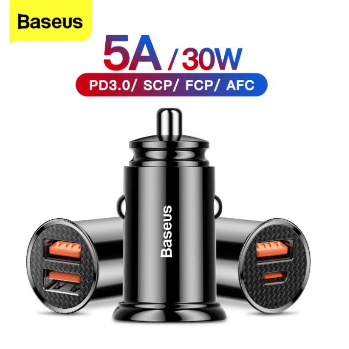 Tẩu sạc nhanh 30w 2 cổng trên xe hơi baseus