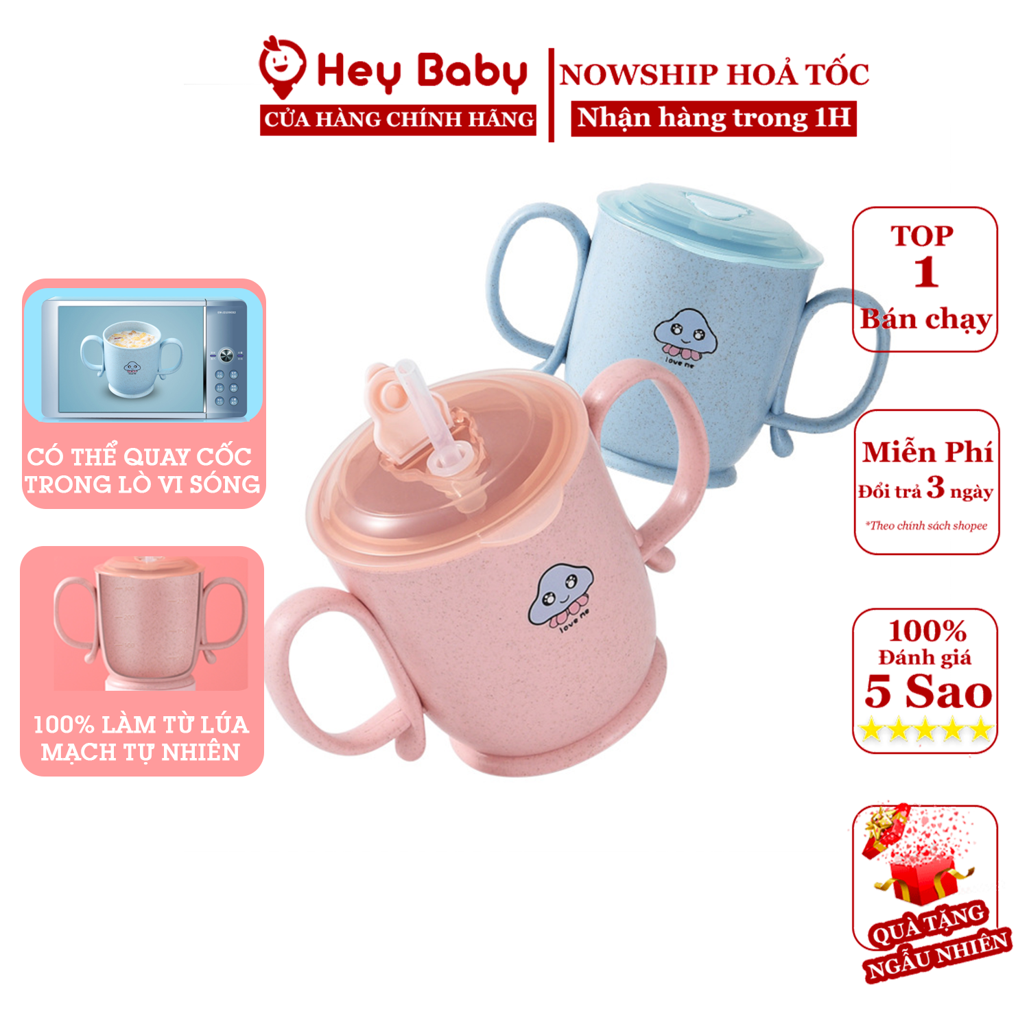 Cốc uống nước cho bé kèm uống hút làm từ 100% lúa mạch có đế chống đổ