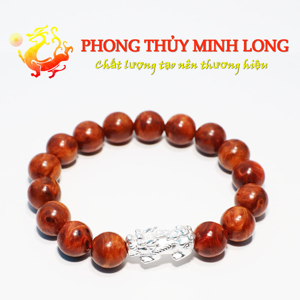 Vòng tay gỗ Huyết Rồng mix Tỳ Hưu Bạc Hạt Tròn