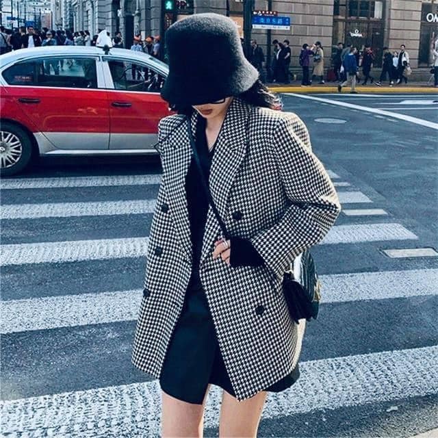 Áo Blazer kẻ houndstooth thu đông sang chảnh Quảng Châu