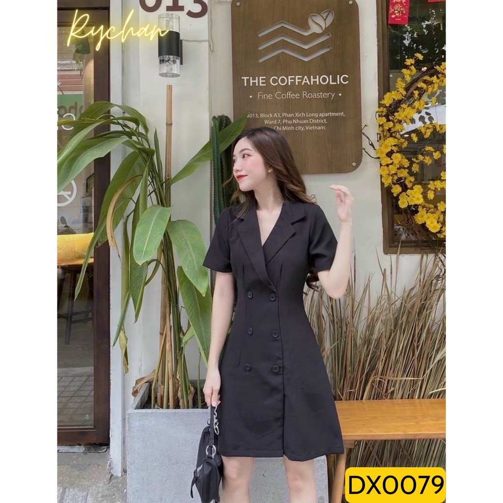 Đầm xoè cổ vest sơ mi đen cổ v chiết eo - dx0079
