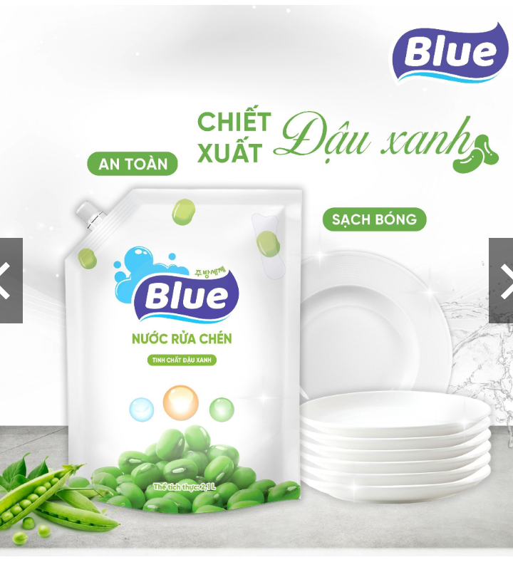 Nước rửa chén bảo vệ da tay blue , tinh chất gạo / đậu xanh . túi 2.1 lít / chai 1.2 lít.