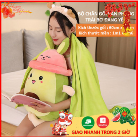 [HCM]Gối Mền Quả Bơ Đội Nón Tai Thỏ Cao Cấp Loại 1 Kèm Mền 1m7 , Chất liệu nhung mềm mịn thích hợp và an toàn mọi loại da