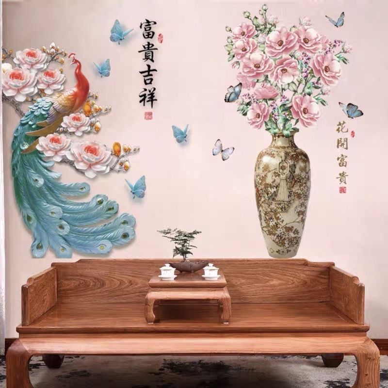 Decal dán tường công đuôi xanh và bình hoa