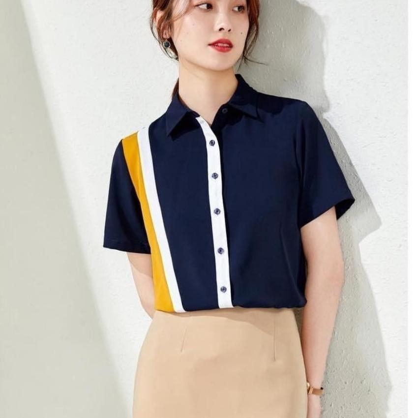 [HCM]Áo sơ mi nữ công sở ngắn tay viền dải màu FH066 Thời trang AURORA PLAZA Chất liệu không nhăn không xù