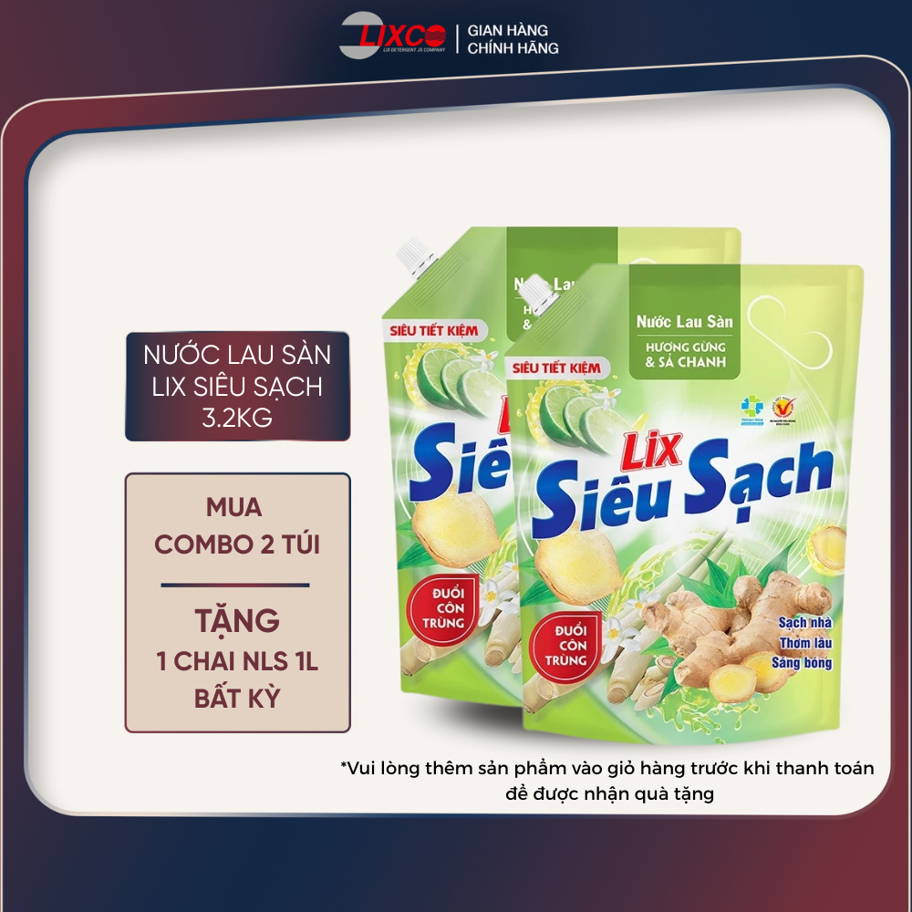 Combo 2 túi nước lau sàn Lix siêu sạch các hương 3.2L/túi cho nền nhà sạch bóng, đuổi côn trùng, ngát hương