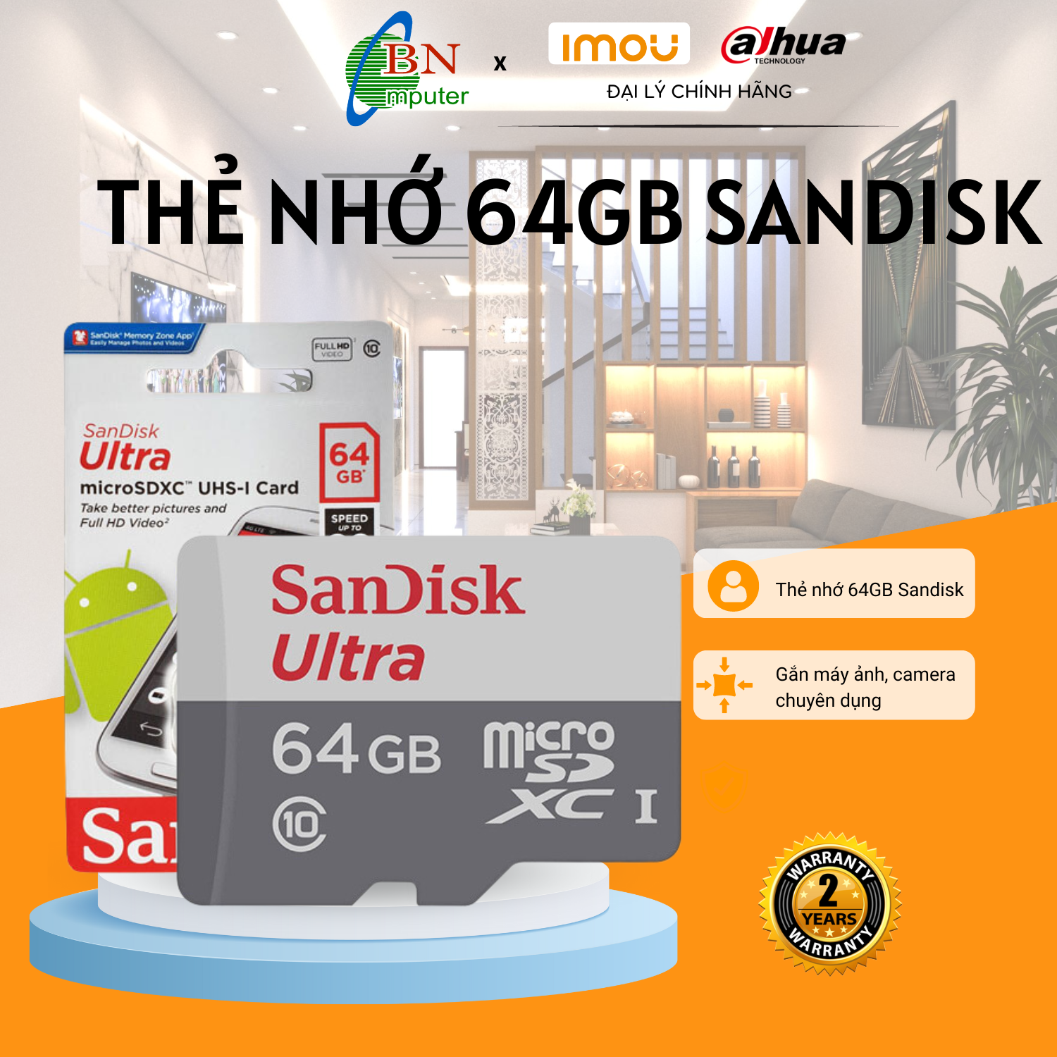 Thẻ nhớ Micro SD 64G Sandick Class 10 chuyên dùng cho camera
