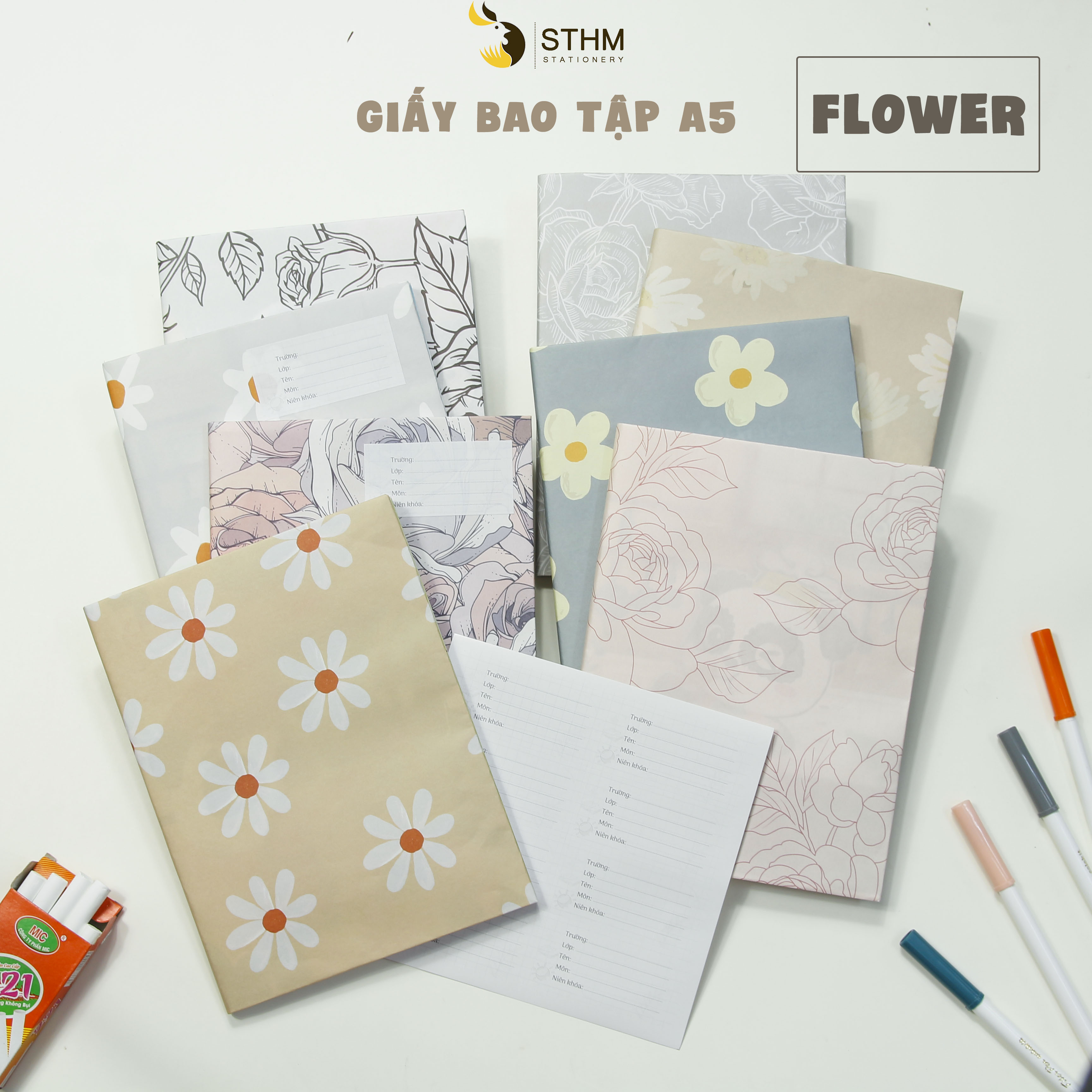 Giấy bao tập a5 - flower - tặng kèm 8 nhãn vở - kraft trắng 100gsm - giấy dai, chống thấm nhẹ - sthm stationery