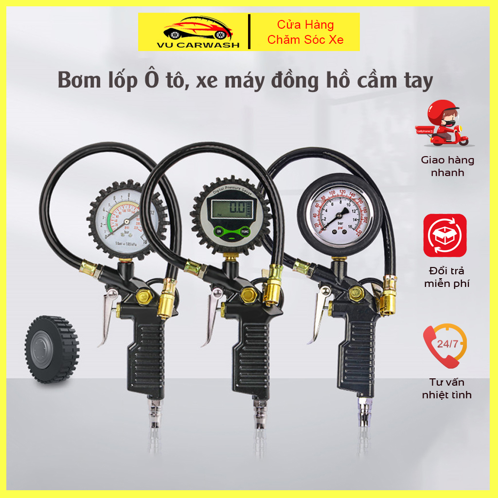 Súng bơm lốp ô tô, xe máy - đồng hồ bơm lốp và đo áp xuất lốp bằng khí nén chuyên dụng