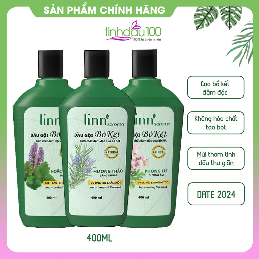Dầu gội đầu bồ kết tinh dầu thiên nhiên Cúc la mã, Phong lữ, Bạc hà, Hương thảo Linn Saroma dành cho tóc hư tổn, tóc khô, tóc dầu, tóc gàu ngứa hương thơm thư giãn 400ml Tinh Dầu 100 Store