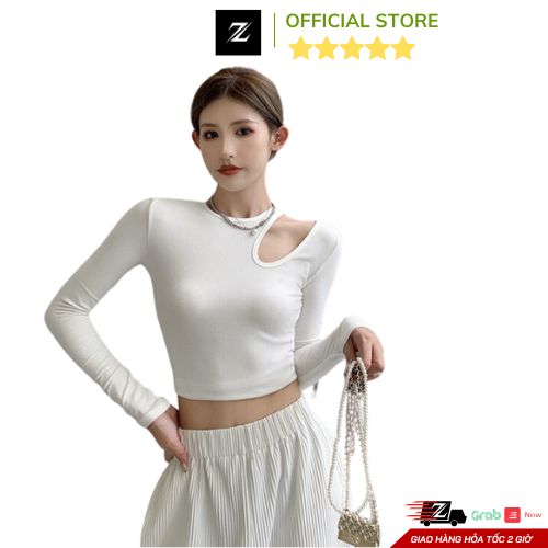 Áo body khoét vai tay dài 2 màu đen, trắng quyến rũ/ Áo thun cổ tròn dáng ôm trẻ trung cá tính ZCITY