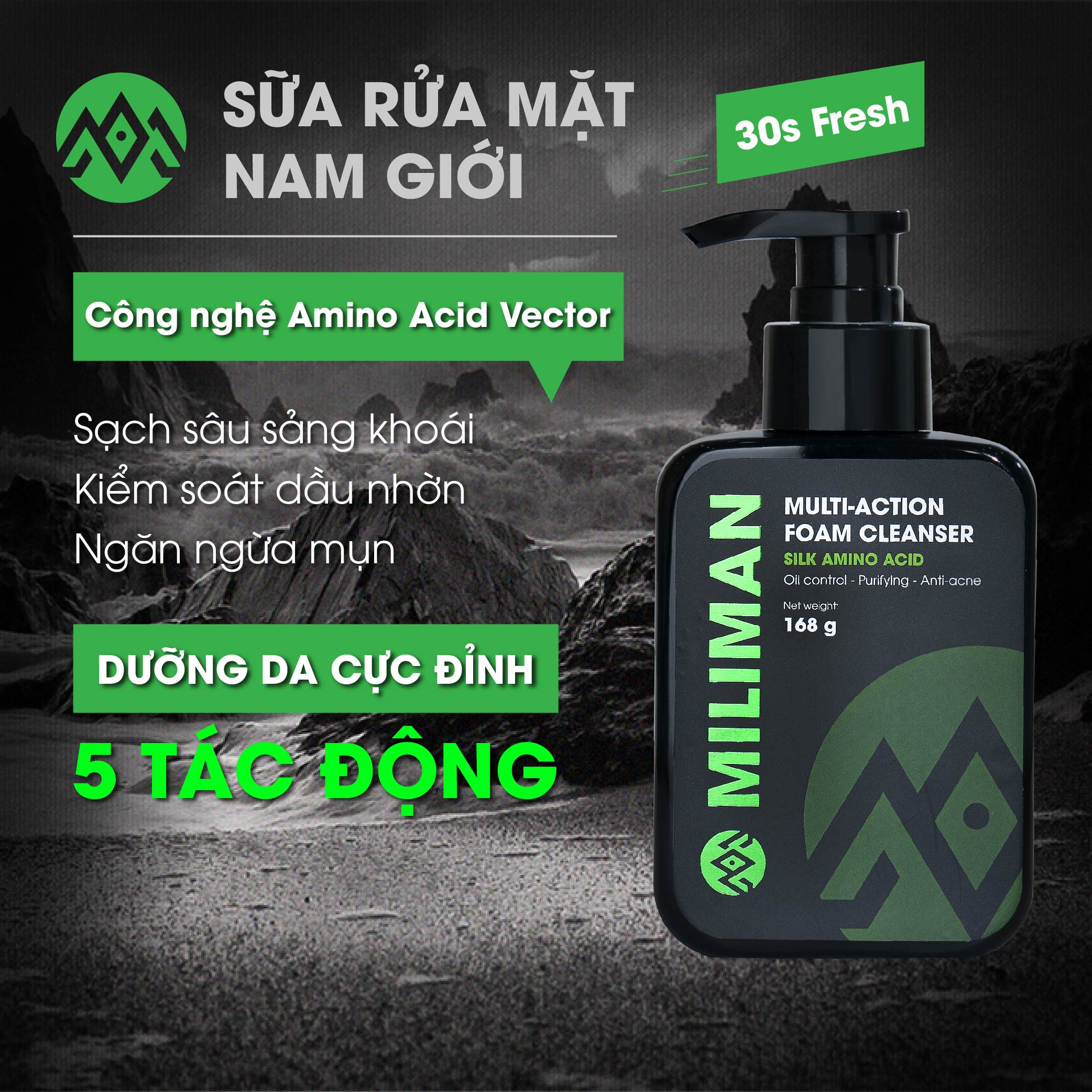 Sữa Rửa Mặt Nam Da Dầu Trắng Da Ngừa Mụn MILIMAN Multi – Action Foam Cleanser 168g