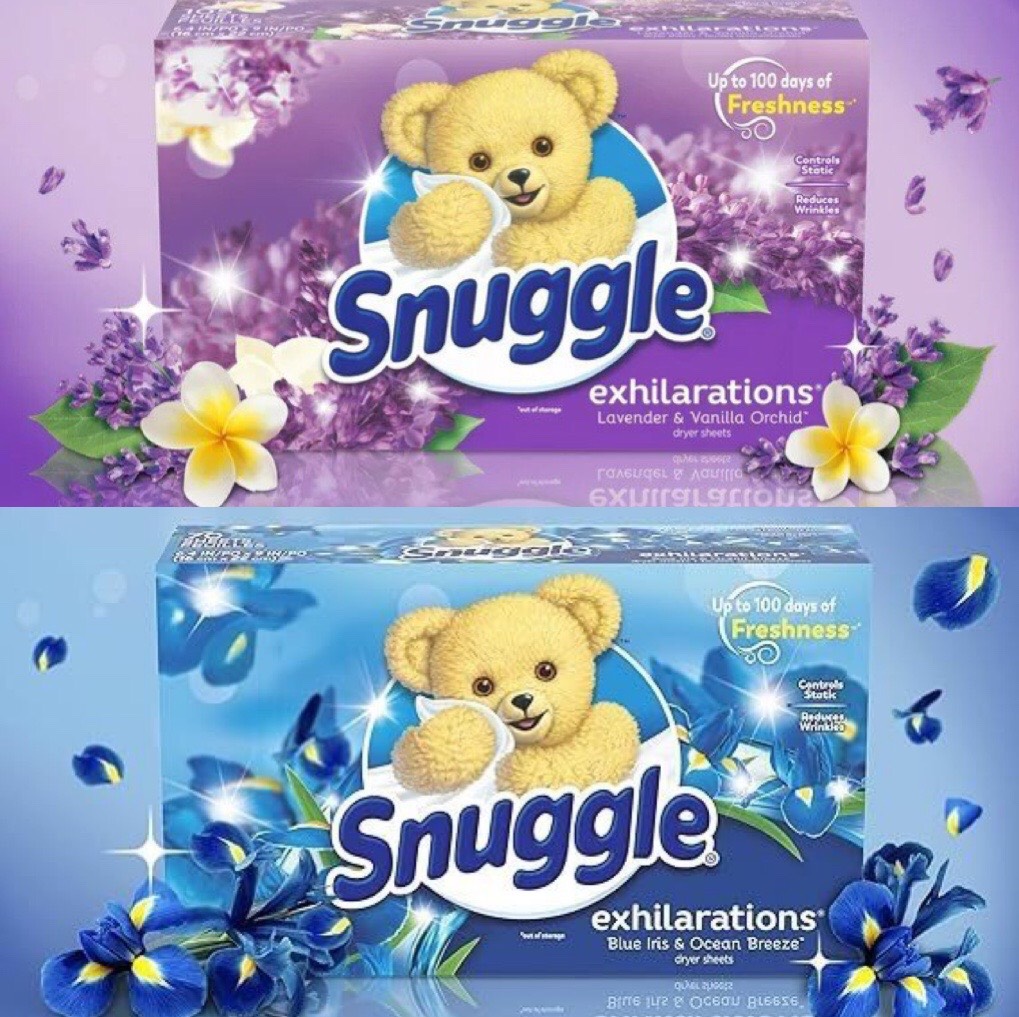 Giấy Thơm Và Mềm Vải Snuggle Exhilarations Fabric Softener Dryer Sheets Blue Iris & Ocean Breeze/Lavender & Vanilla Orchid hộp 70 tờ
