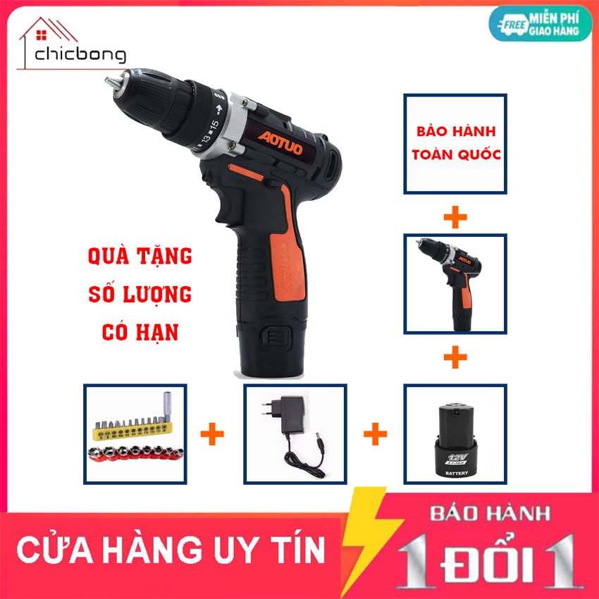Máy khoan bắt vít không dây có đảo chiều aotuo 12v - tặng kèm bộ 20 mũi vít