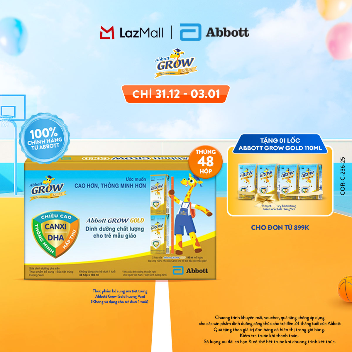 CHỈ 31.12-03.01 QUÀ TẶNG CHO ĐH 899K-SLCH Thùng 48 hộp thực phẩm bổ sung sữa tiệt trùng pha sẵn Abbott Grow Gold hương Vani 180ml cho trẻ từ 1 tuổi