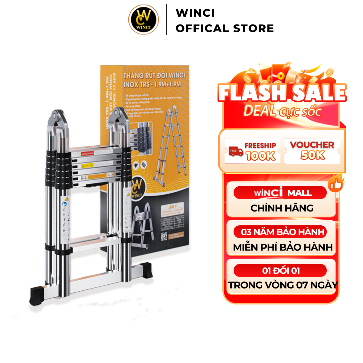 Thang rút inox chữ a winci trs, chất liệu inox 316, bảo hành 3 năm.