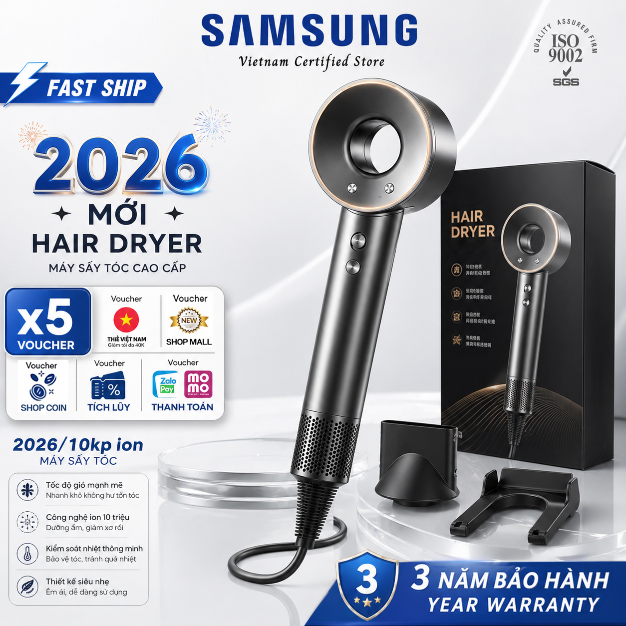 【Bảo hành 3 năm miễn phí】Máy sấy tóc DS26H-SN Hair Dryer ion Xám kim loại không gian 145% Power Người bảo vệ ion Xám Phiên bản năm 2026 được nâng cấp với bộ lọc hợp kim titan từ tính