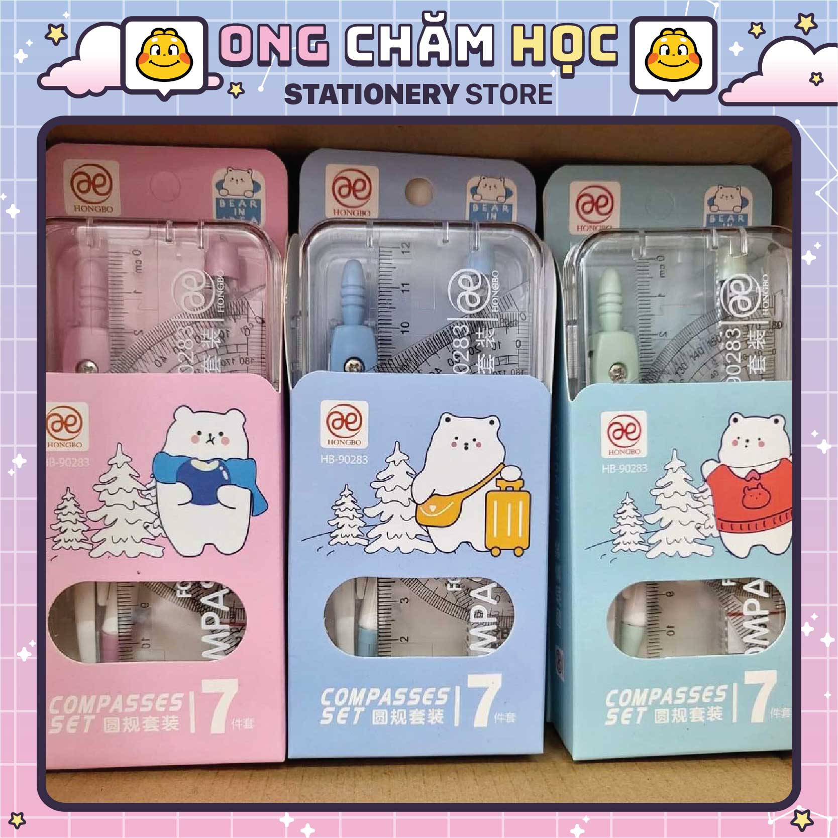 Bộ thước kẻ compa, thước kẻ, eke tẩy, ngòi chì CP241