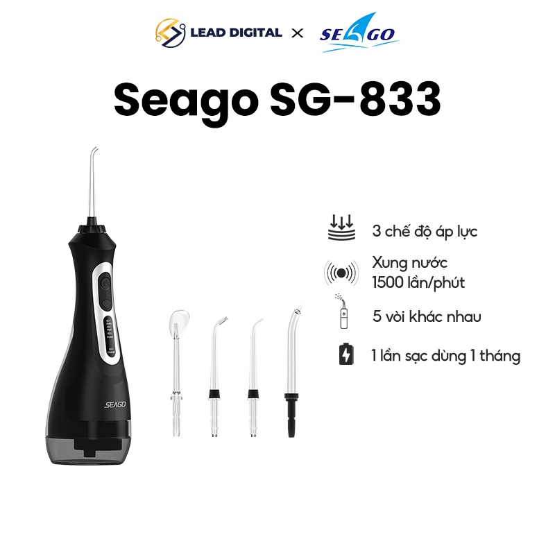 Tăm nước với 3 chế độ áp lực/ 5 vòi khác nhau/ Xung nước 1500 lần/ phút Seago SG-833 - Hàng chính hãng