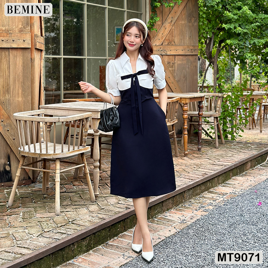 Đầm thiết kế cổ phối nhún ngực dáng chữ a beminemt9071