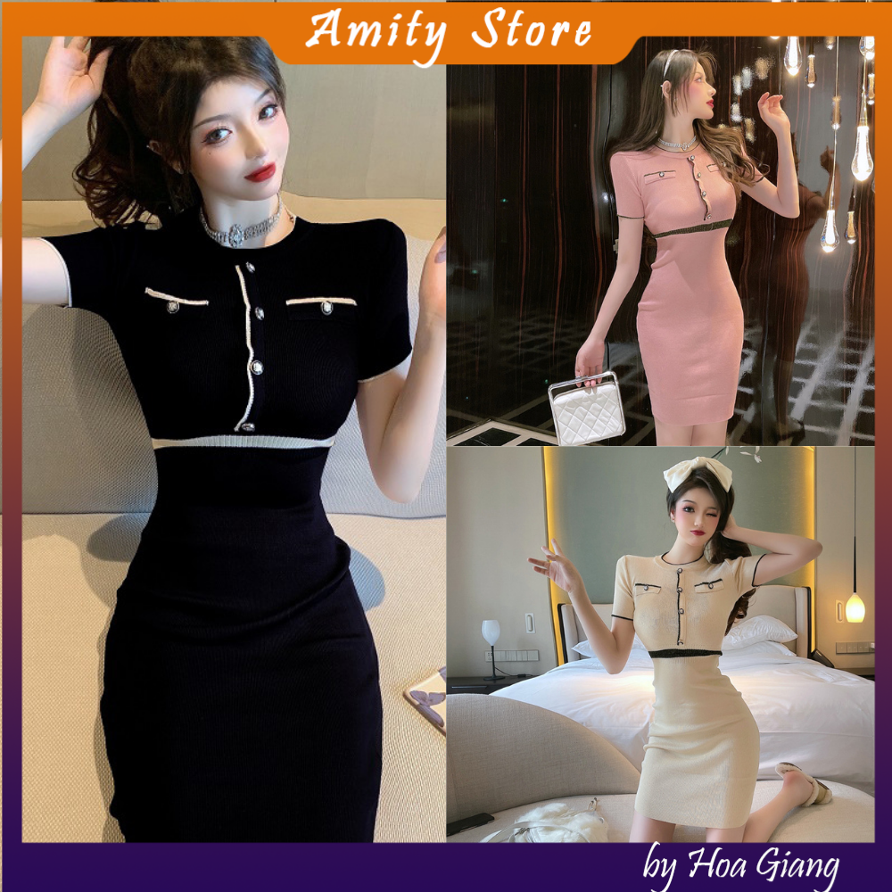[Đầm nữ len dệt kim] Đầm body cổ tròn ôm sát, váy len nữ hàng quảng châu
